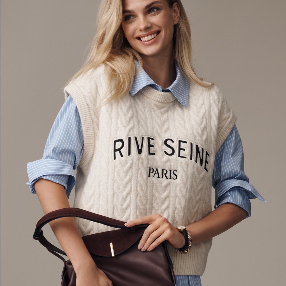 Anthropologie Cream Cable Knit Crewneck Sweater Vest with Black Lettering